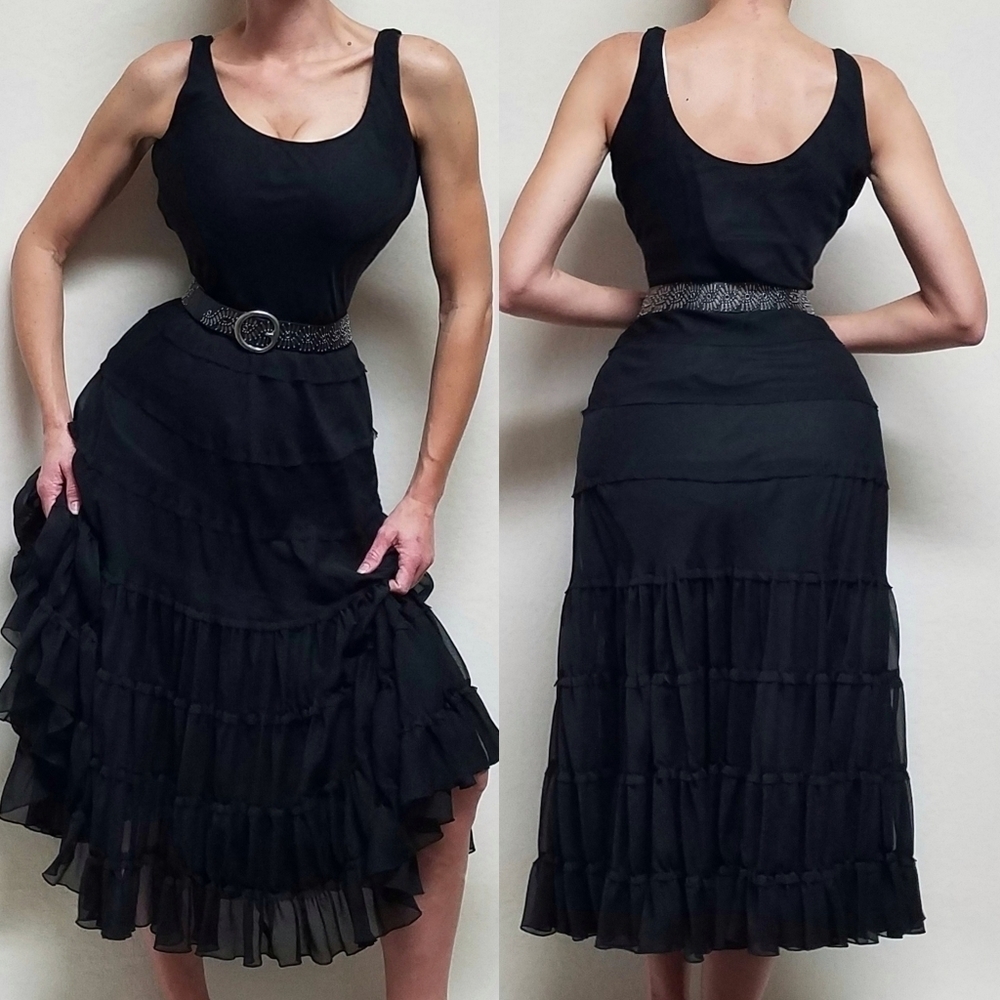 VINTAGE Jones Wear Black Chiffon Sleeveless Tiered Ruffle Full Skirt Midi Dres